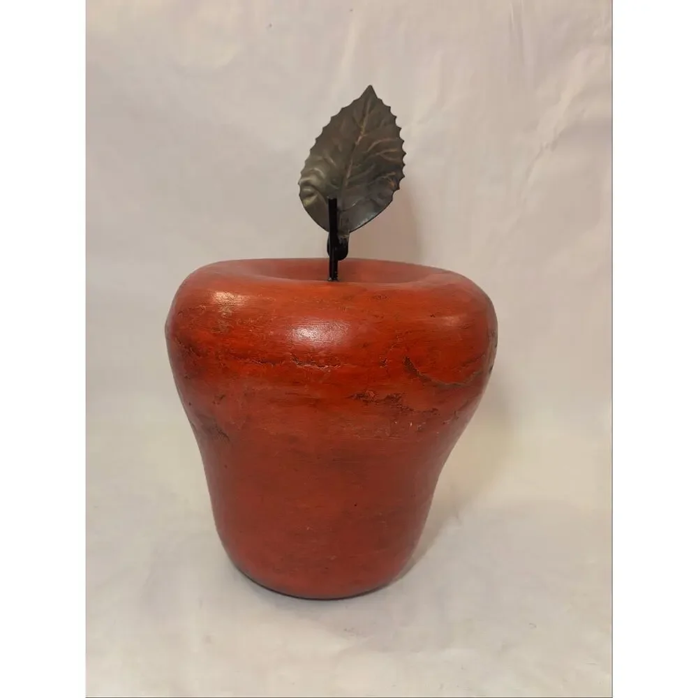 Large Red Wood Apple Hand turned Sculpture w/ Iron Leaf Distressed Finish